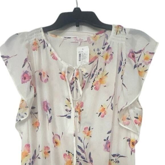 PARKER NWT White Floral Smocked Waist Flutter Sleeve  Mini Dress Large Whimsy - Picture 5 of 12